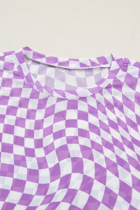 Sheer Mesh Checkered Mock Neck Short Sleeve Top