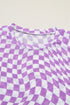 Sheer Mesh Checkered Mock Neck Short Sleeve Top