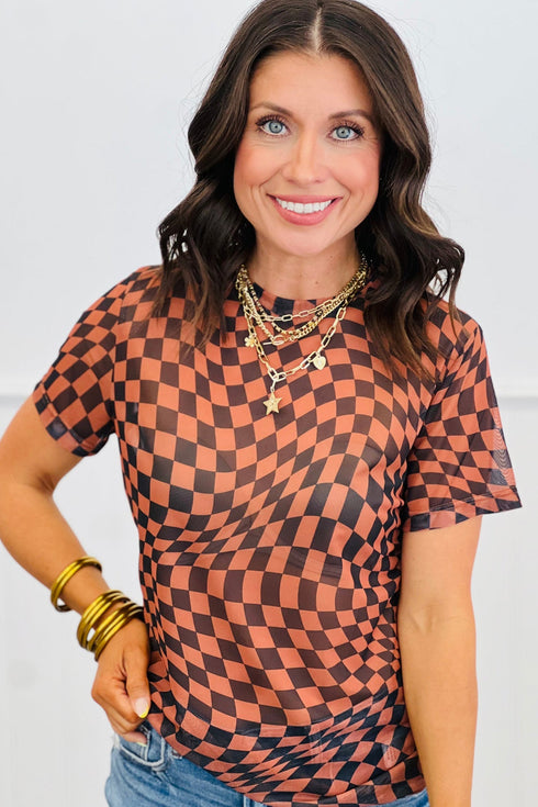 Sheer Mesh Checkered Mock Neck Short Sleeve Top