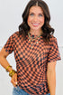 Sheer Mesh Checkered Mock Neck Short Sleeve Top