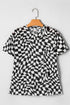 Sheer Mesh Checkered Mock Neck Short Sleeve Top