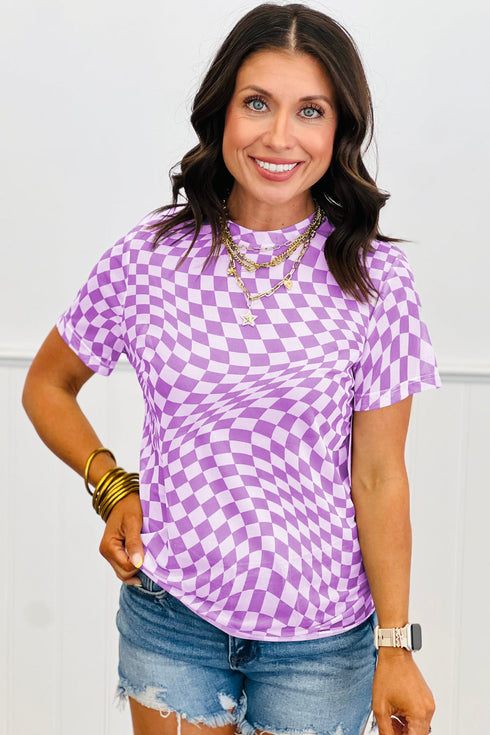 Sheer Mesh Checkered Mock Neck Short Sleeve Top