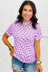 Sheer Mesh Checkered Mock Neck Short Sleeve Top