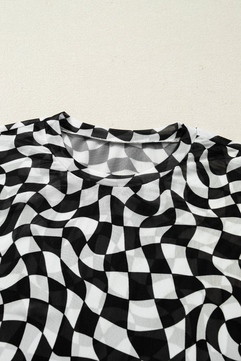 Sheer Mesh Checkered Mock Neck Short Sleeve Top