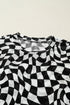 Sheer Mesh Checkered Mock Neck Short Sleeve Top