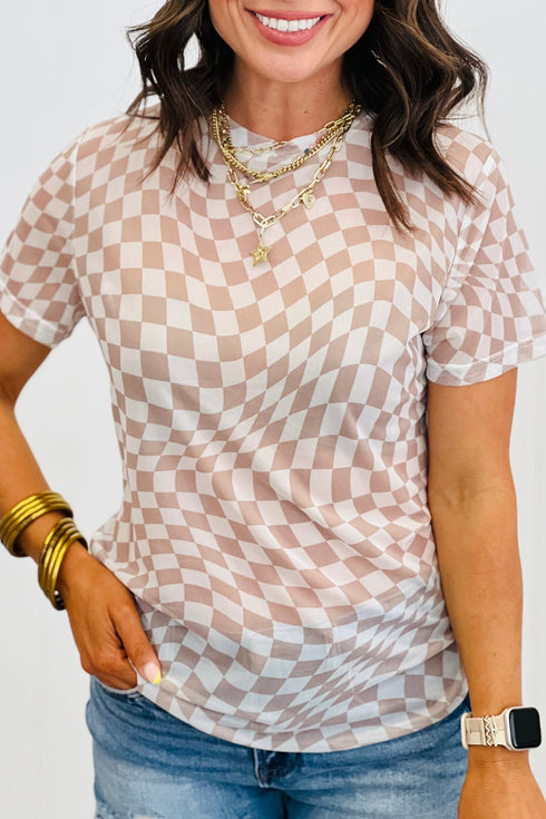Sheer Mesh Checkered Mock Neck Short Sleeve Top