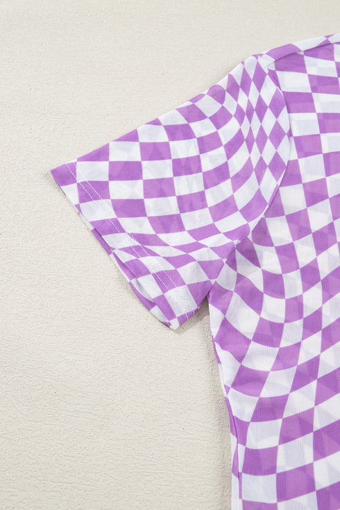 Sheer Mesh Checkered Mock Neck Short Sleeve Top