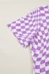 Sheer Mesh Checkered Mock Neck Short Sleeve Top