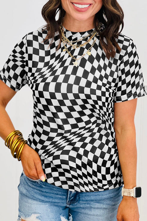 Sheer Mesh Checkered Mock Neck Short Sleeve Top