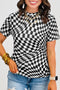 Sheer Mesh Checkered Mock Neck Short Sleeve Top