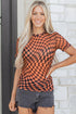 Sheer Mesh Checkered Mock Neck Short Sleeve Top