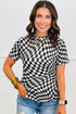 Sheer Mesh Checkered Mock Neck Short Sleeve Top
