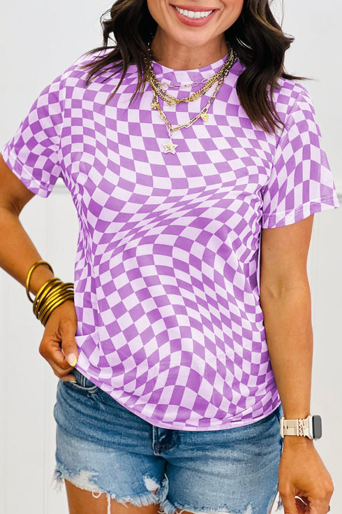 Sheer Mesh Checkered Mock Neck Short Sleeve Top