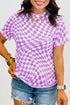 Sheer Mesh Checkered Mock Neck Short Sleeve Top