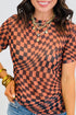 Sheer Mesh Checkered Mock Neck Short Sleeve Top