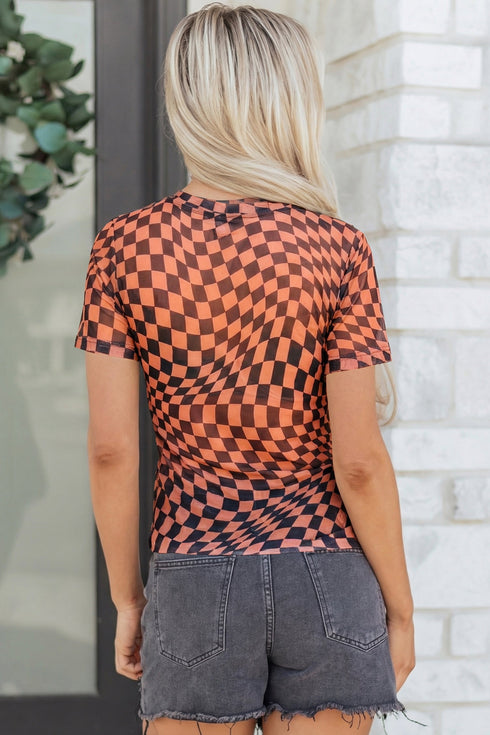 Sheer Mesh Checkered Mock Neck Short Sleeve Top