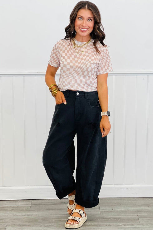Sheer Mesh Checkered Mock Neck Short Sleeve Top