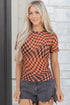 Sheer Mesh Checkered Mock Neck Short Sleeve Top