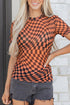 Sheer Mesh Checkered Mock Neck Short Sleeve Top