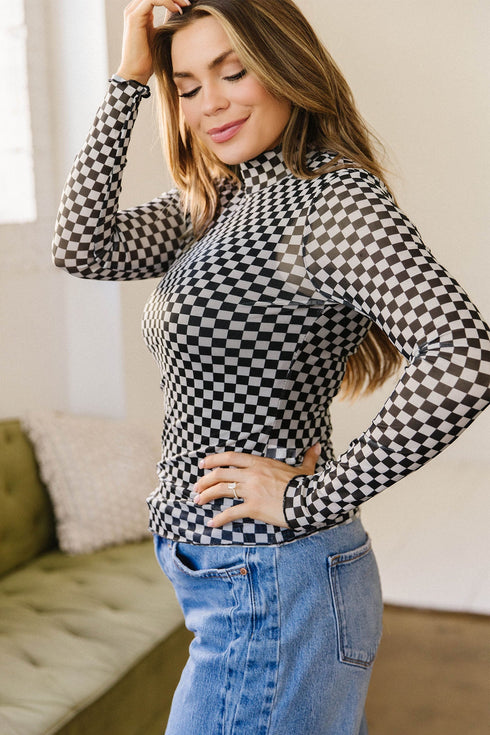 Sheer Mesh Checkered Print Mock Neck Long Sleeve Top