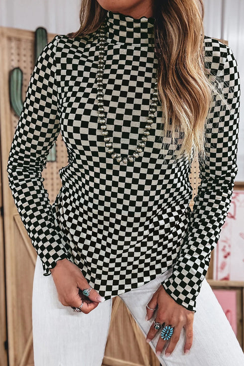 Sheer Mesh Checkered Print Mock Neck Long Sleeve Top
