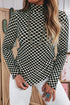 Sheer Mesh Checkered Print Mock Neck Long Sleeve Top