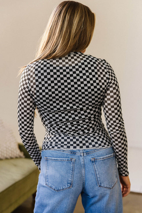 Sheer Mesh Checkered Print Mock Neck Long Sleeve Top