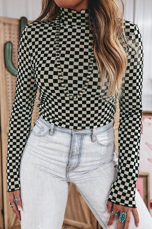 Sheer Mesh Checkered Print Mock Neck Long Sleeve Top