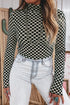 Sheer Mesh Checkered Print Mock Neck Long Sleeve Top
