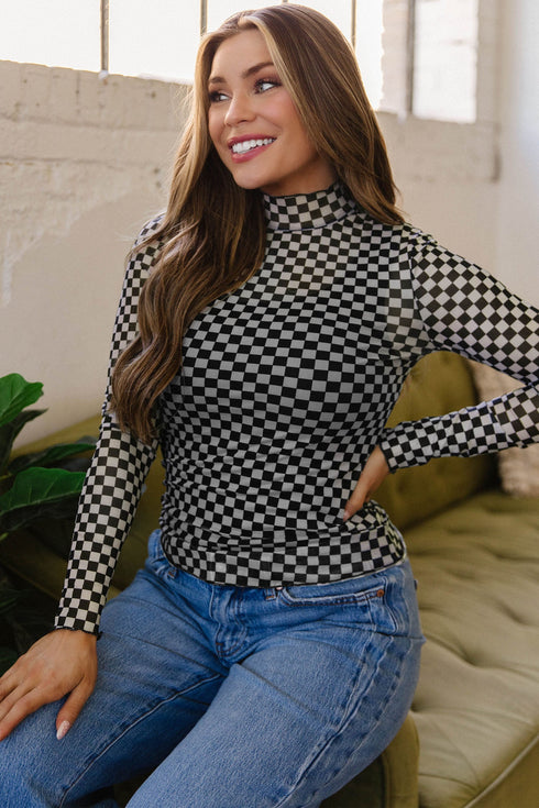Sheer Mesh Checkered Print Mock Neck Long Sleeve Top
