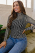 Sheer Mesh Checkered Print Mock Neck Long Sleeve Top