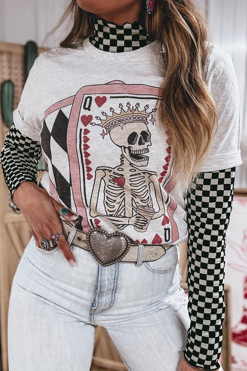 Sheer Mesh Checkered Print Mock Neck Long Sleeve Top