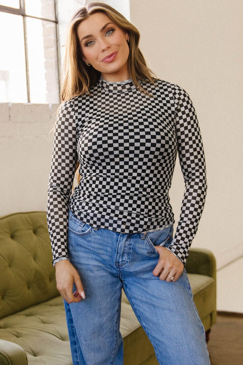 Sheer Mesh Checkered Print Mock Neck Long Sleeve Top