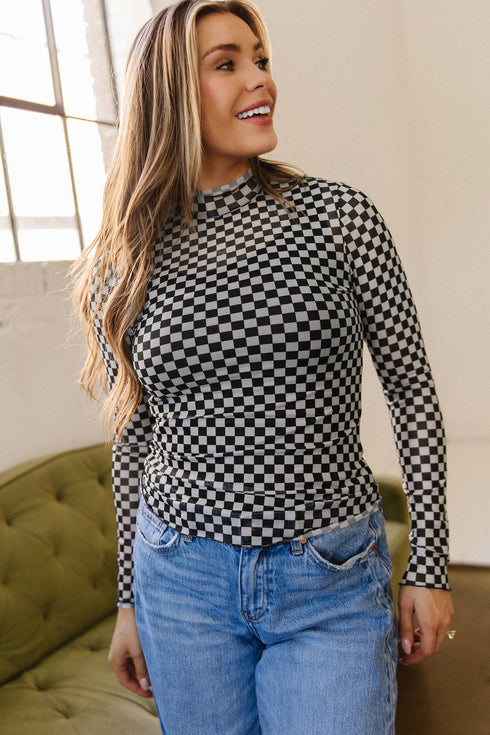 Sheer Mesh Checkered Print Mock Neck Long Sleeve Top