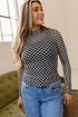 Sheer Mesh Checkered Print Mock Neck Long Sleeve Top