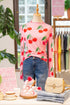 Sheer Mesh Cherry Print Mock Neck Lettuce Trim Top