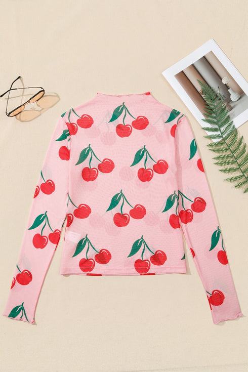 Sheer Mesh Cherry Print Mock Neck Lettuce Trim Top