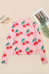 Sheer Mesh Cherry Print Mock Neck Lettuce Trim Top