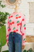 Sheer Mesh Cherry Print Mock Neck Lettuce Trim Top