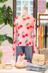 Sheer Mesh Cherry Print Mock Neck Lettuce Trim Top