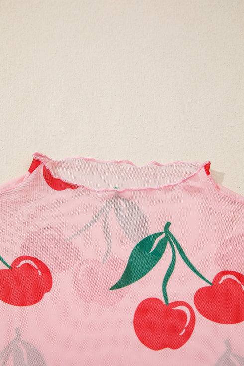 Sheer Mesh Cherry Print Mock Neck Lettuce Trim Top