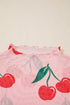 Sheer Mesh Cherry Print Mock Neck Lettuce Trim Top