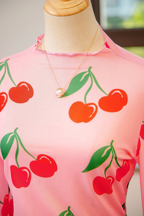 Sheer Mesh Cherry Print Mock Neck Lettuce Trim Top