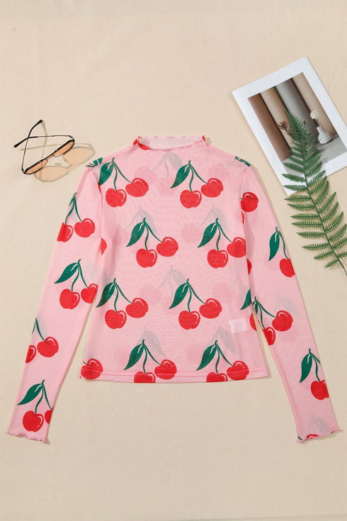 Sheer Mesh Cherry Print Mock Neck Lettuce Trim Top