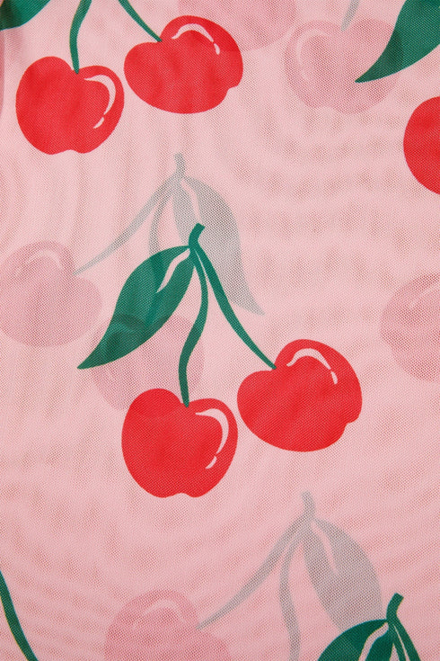Sheer Mesh Cherry Print Mock Neck Lettuce Trim Top