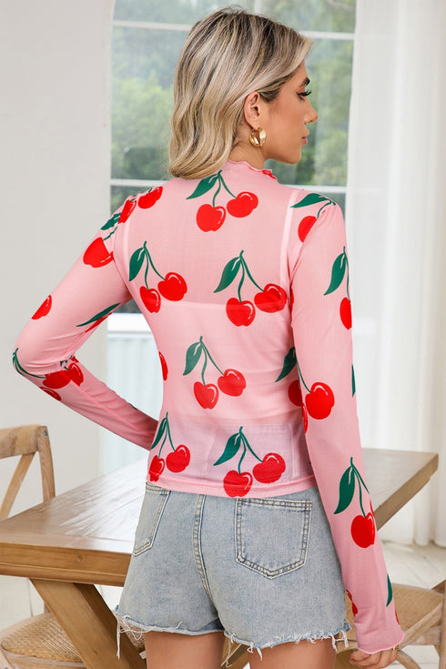 Sheer Mesh Cherry Print Mock Neck Lettuce Trim Top