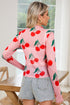 Sheer Mesh Cherry Print Mock Neck Lettuce Trim Top