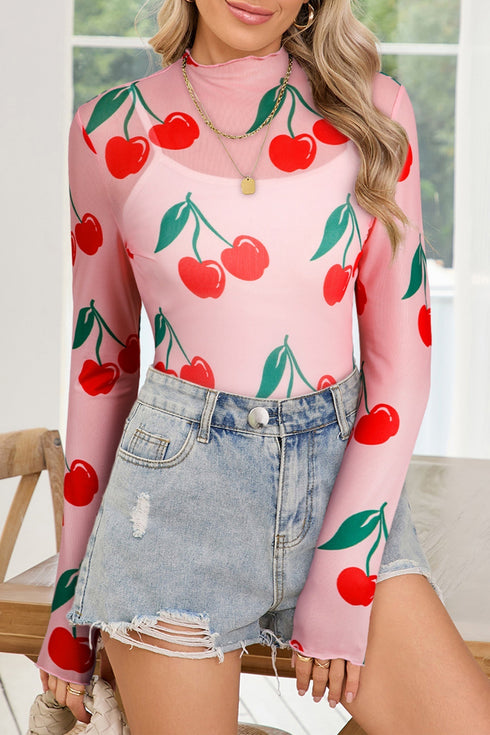 Sheer Mesh Cherry Print Mock Neck Lettuce Trim Top