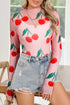 Sheer Mesh Cherry Print Mock Neck Lettuce Trim Top