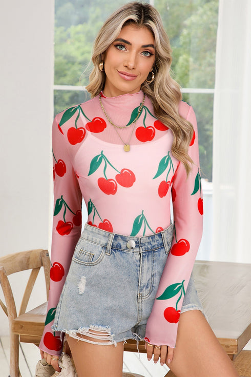 Sheer Mesh Cherry Print Mock Neck Lettuce Trim Top